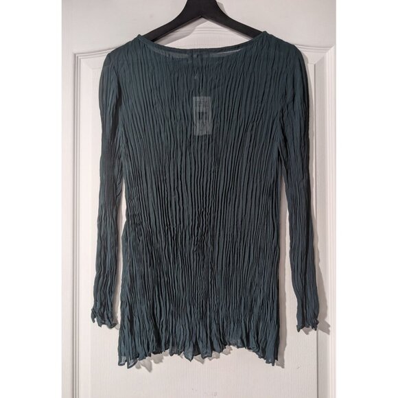 Eileen Fisher | Crinkled Sheer Silk Georgette Bateau Neck Long Top Aegean Green - Picture 6 of 12